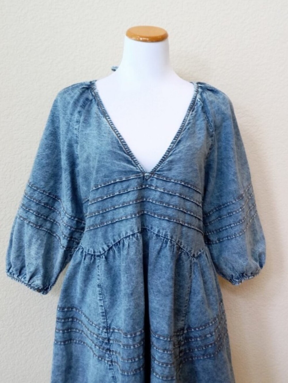 Free People washeddenim puff sleeve open, tie-back mini dress - Picture 10 of 14